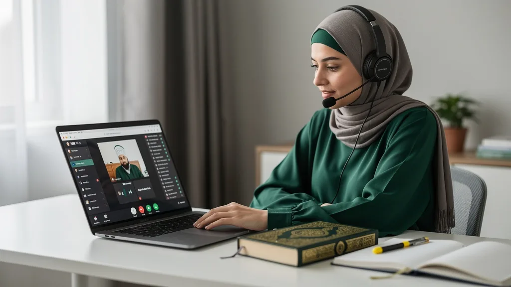 A dedicated study space prepared for an online Quran class with a laptop and headset.