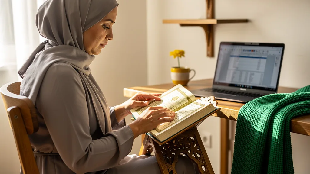Click to manage / replace image A woman thoughtfully reading the Quran in a peaceful setting.