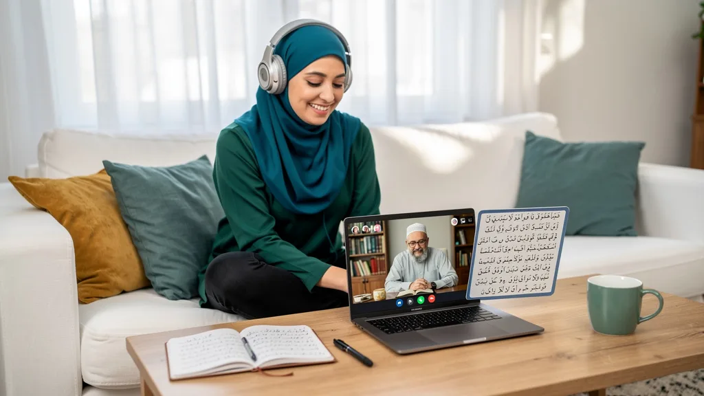 A woman enjoying a comfortable and private online Quran class from her home.