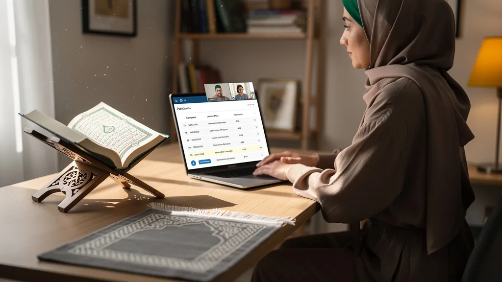 Click to manage / replace image A quiet and respectful study space prepared for an online Quran lesson.