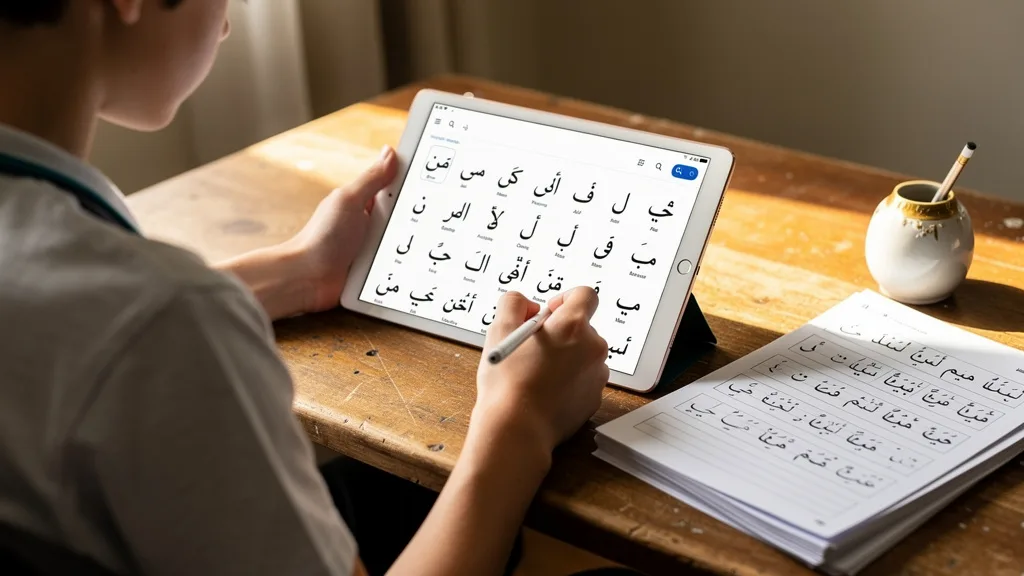 A learner using a tablet app to master the Arabic alphabet and its sounds.
