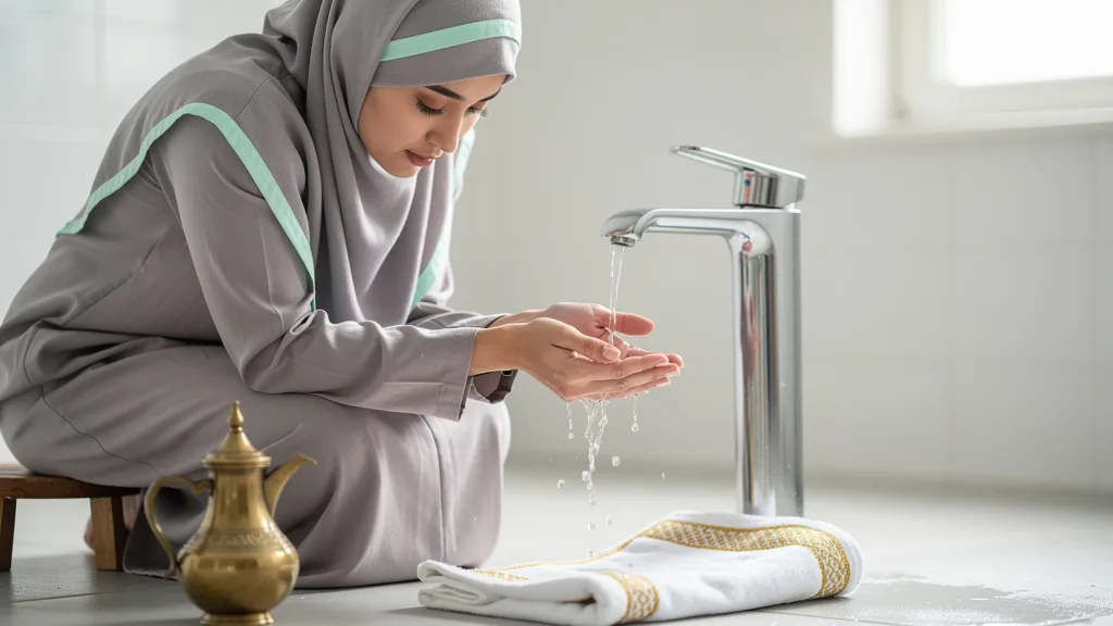 A woman performing the ritual ablution (Wudu) before her prayer.