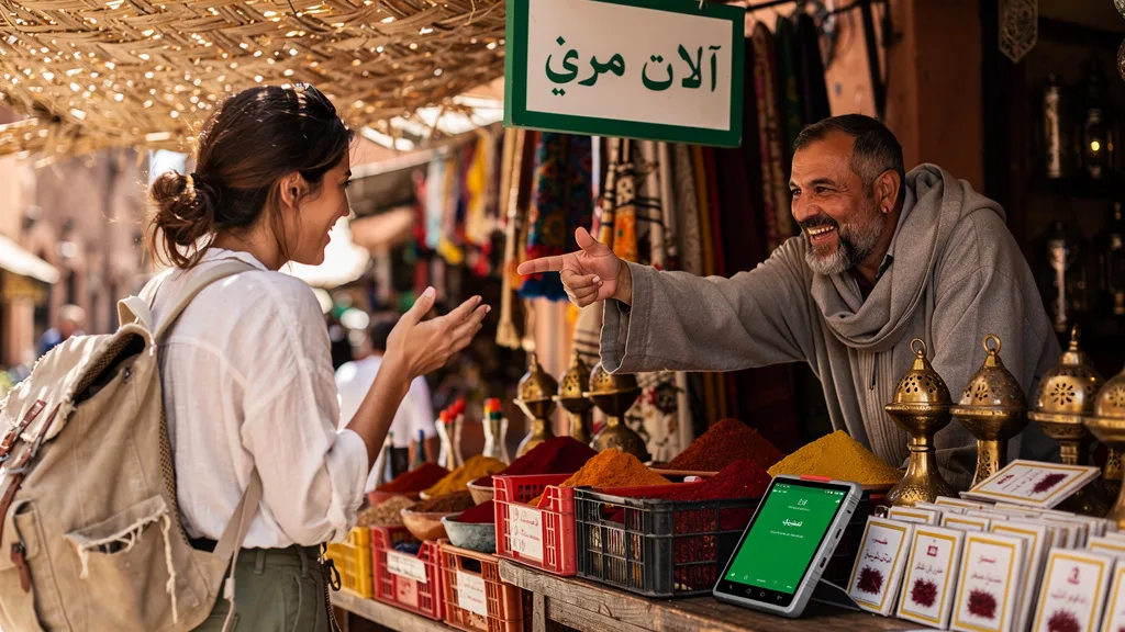 A traveler using her Arabic language skills to communicate with a local in an Arabic-speaking country.