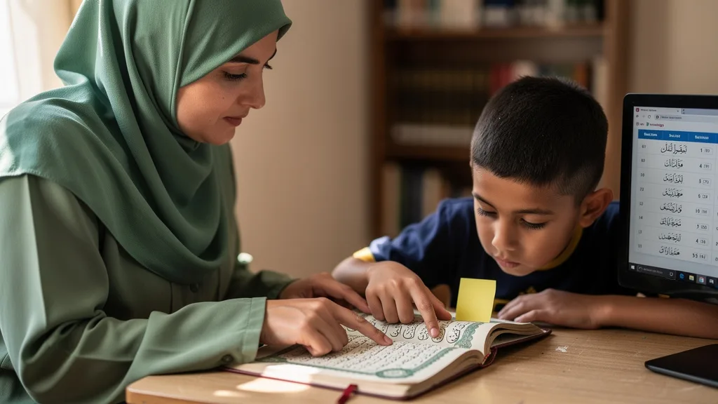 A student using tactile and visual methods to memorize the Quran.