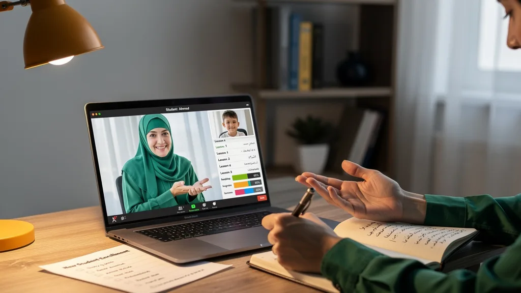 A qualified female Quran teacher conducting a one-on-one online class via video call.
