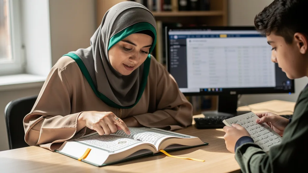 Click to manage / replace image A finger tracing the rules of Tajweed on a page of the Quran, focusing on letter attributes.