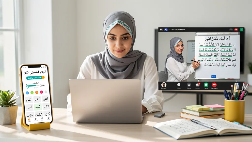 A woman combining app-based self-study with live online classes from a qualified teacher.