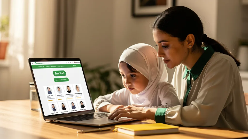 A mother and daughter looking at an online Quran academy website with a free trial offer.