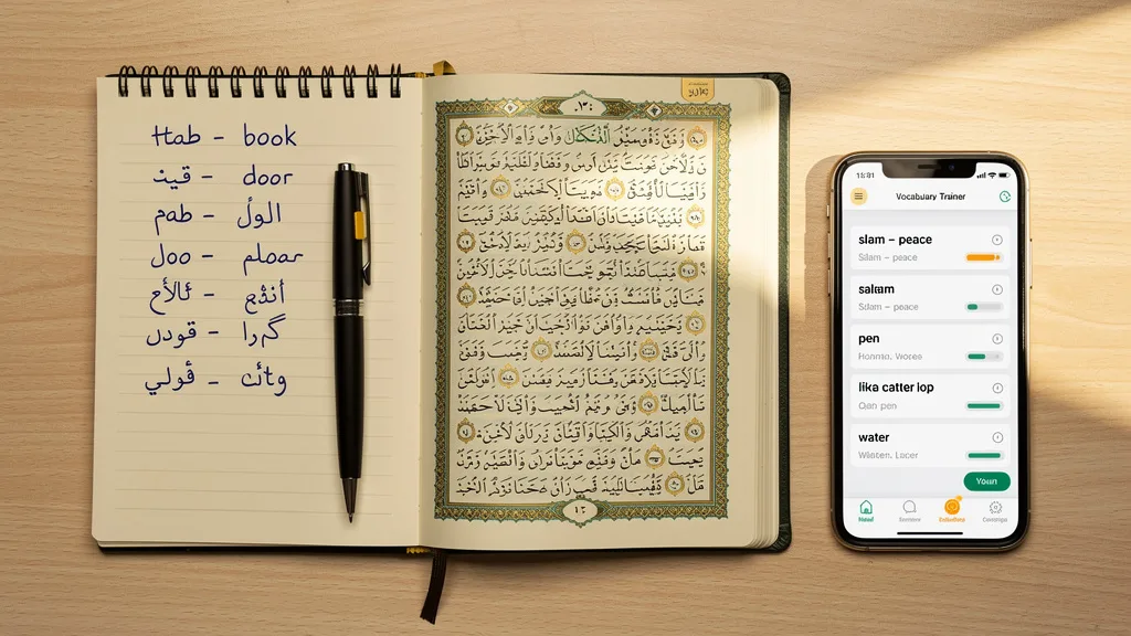 A study setup for learning Quranic Arabic including a Quran, a notebook, and a vocabulary trainer app on a phone.