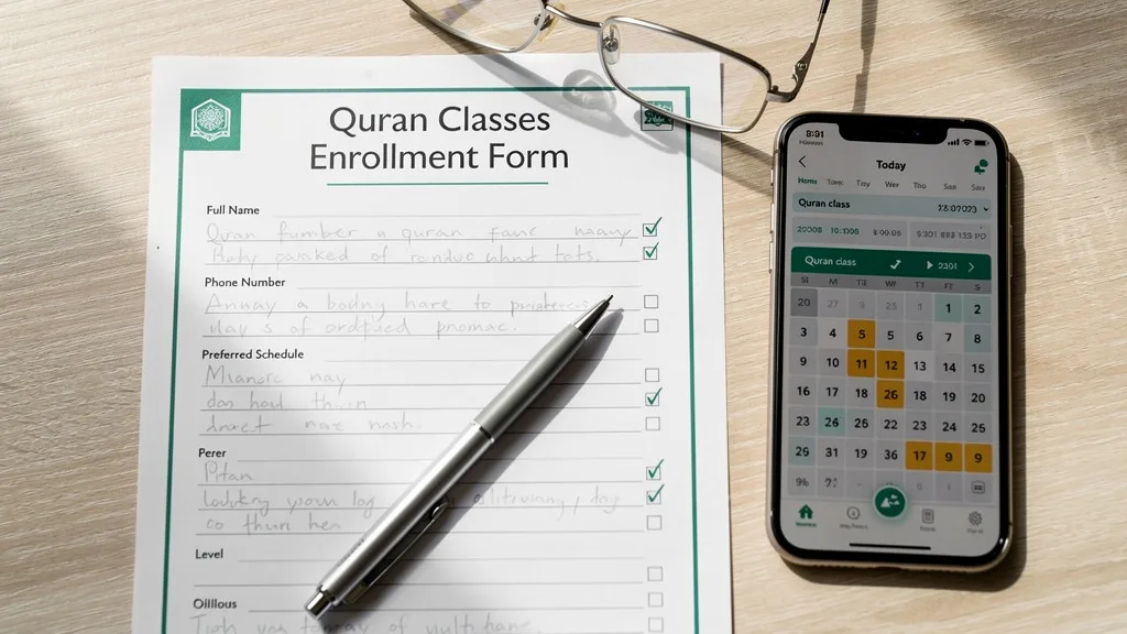 Click to manage / replace image A collection of items needed to fill out a registration form, including a pen and a calendar.