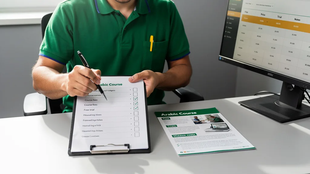 A person using a checklist to evaluate the features and costs of an Arabic course.