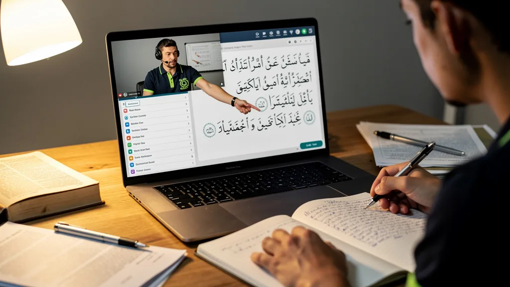 A student and teacher reviewing Quranic verses together during a private online lesson.