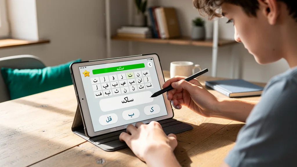 A beginner using a gamified app to learn the Quranic Arabic alphabet on a tablet.
