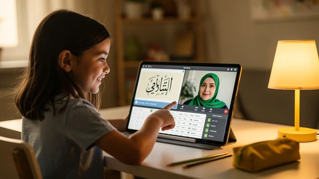 A young girl engaging happily with her online Quran lesson on a tablet at home.