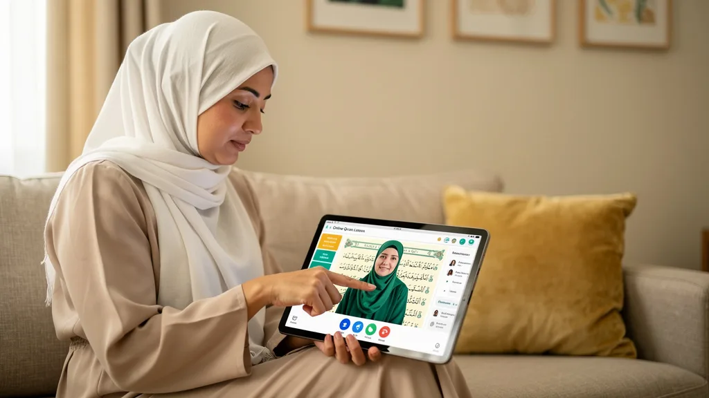 A woman learning Quran privately at home on her tablet.