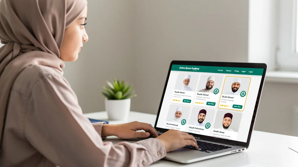 A student searches for a qualified Quran teacher on a specialized online academy website.