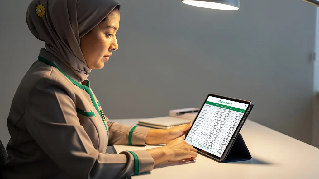 A person planning their budget for Quranic Arabic studies using a tablet.