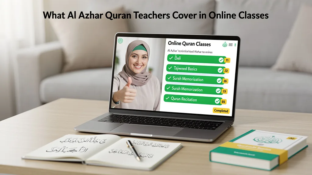 An online Quran teacher provides positive feedback and tracks student progress during a lesson.