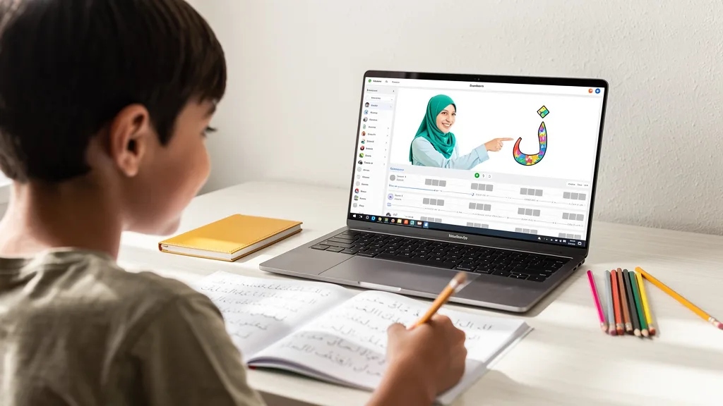 A young boy learning the Arabic alphabet with his teacher through an interactive online Quran class.