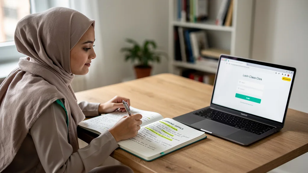 A student preparing her learning goals in a notebook before starting her free trial Quran class.