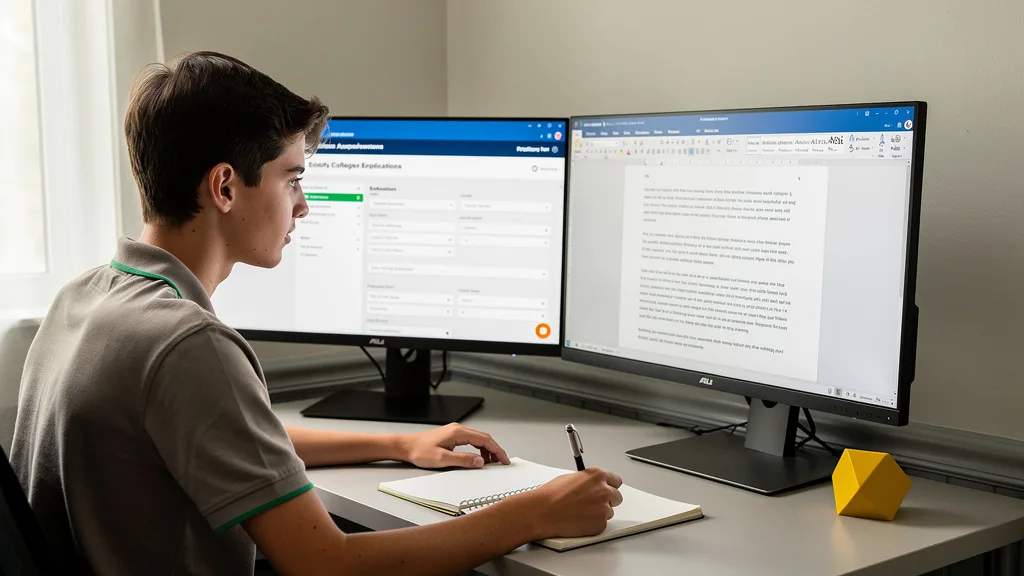 A student working on college applications with an essay draft on one screen and an application portal on another.