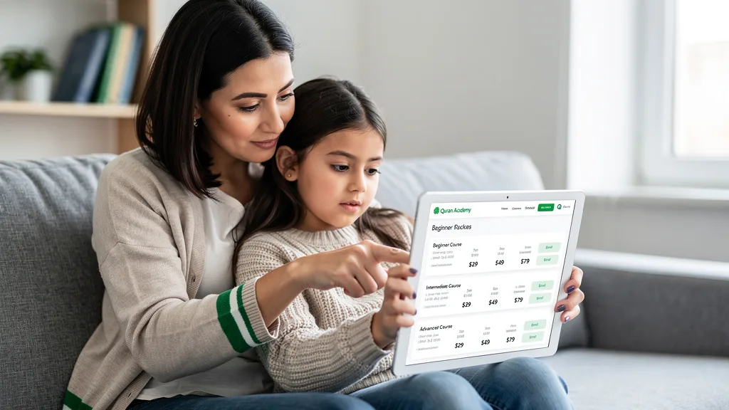 Click to manage / replace image A mother and daughter review online Quran class packages on a tablet after a successful trial session.
