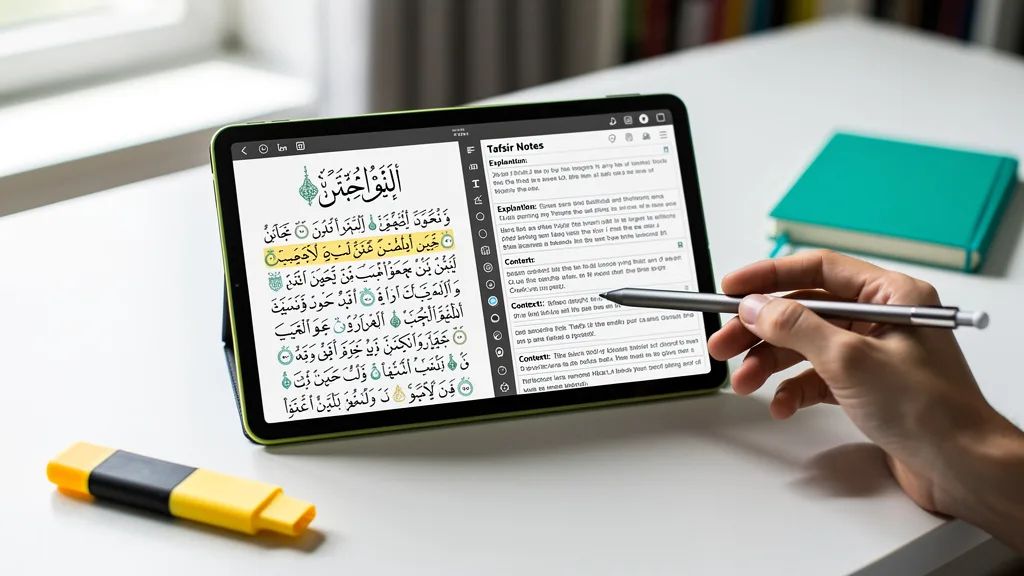 A student studying the Tafsir of the Quran online with detailed interpretations next to the Arabic text.