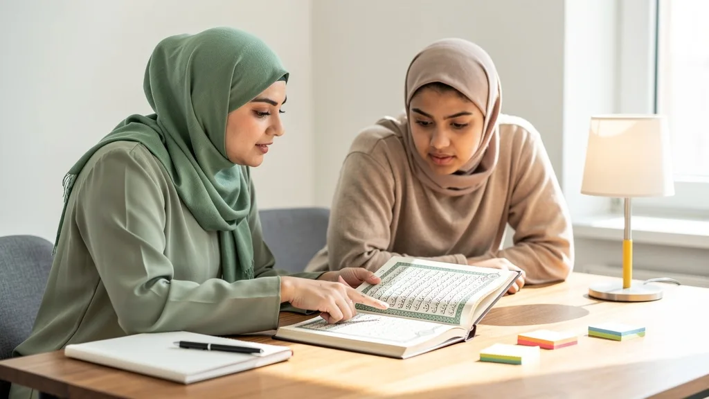 A Quran teacher patiently explaining a concept to a new Muslim student.