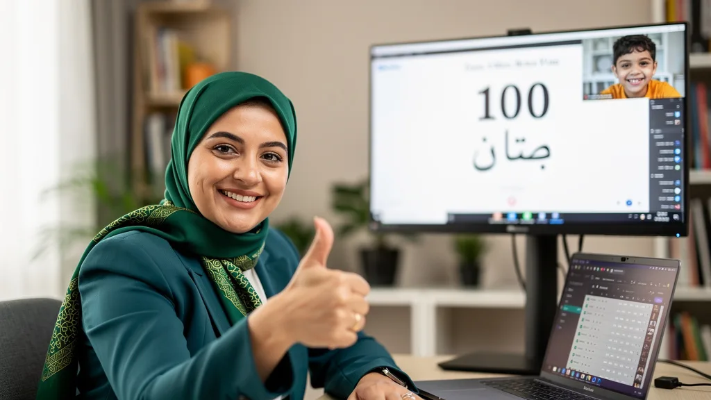 Click to manage / replace image An online teacher celebrates a student reaching the milestone of learning the Arabic number 100.