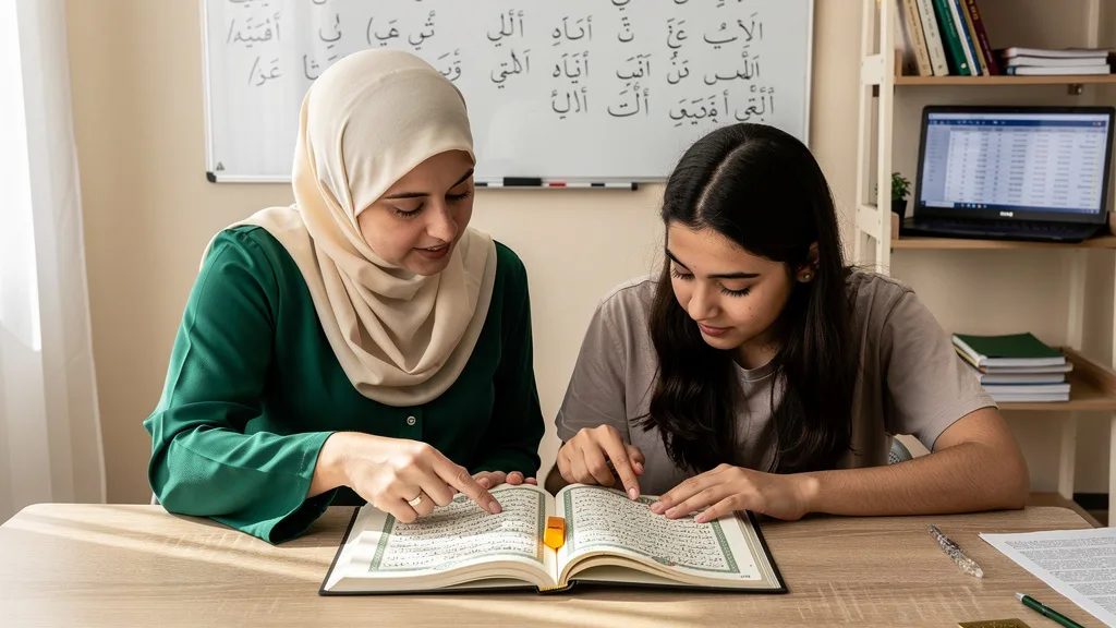 A student carefully reviewing foundational recitation rules in the Quran before moving to advanced Tajweed.