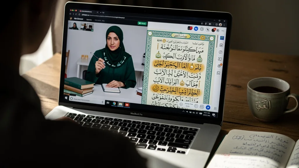 A screen capture of an online Quran class showing a digital Quran with highlighted Tajweed rules.