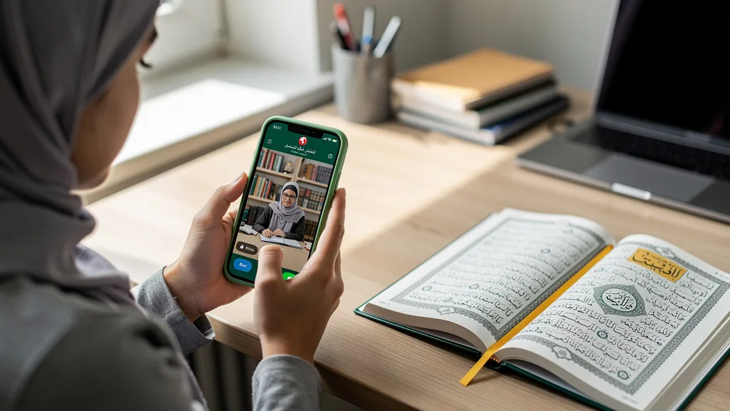 Testing the video call quality on WhatsApp during an online Quran trial class.