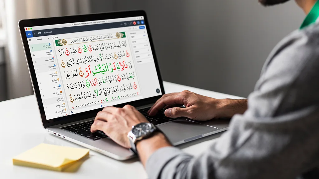 Click to manage / replace image A tutor demonstrates proper Quranic pronunciation with color-coded Tajweed rules during an online lesson.