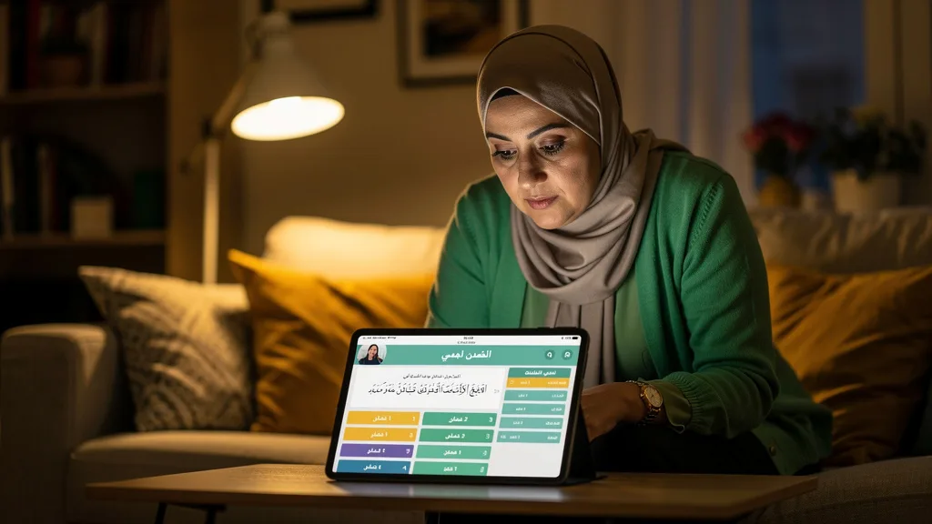 Click to manage / replace image An adult student engaged in a one-on-one Quran class online via a tablet in her home.