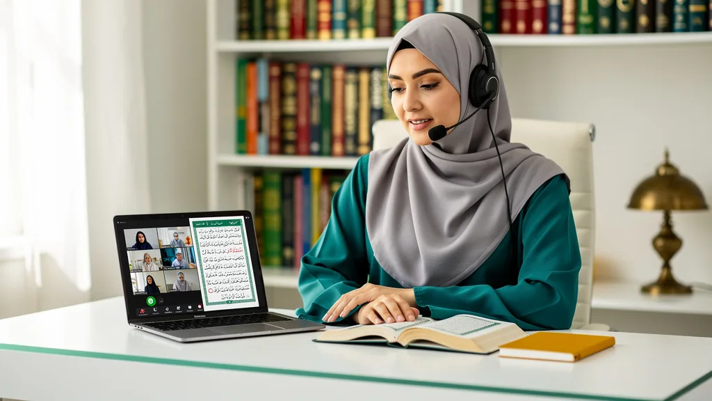 Click to manage / replace image A certified female Hafiza teaching an online Quran class from her home office.