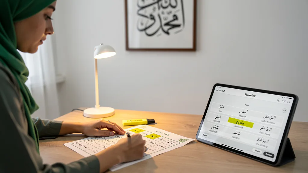 Click to manage / replace image A woman using a spaced repetition flashcard app on her smartphone to learn Quranic Arabic.