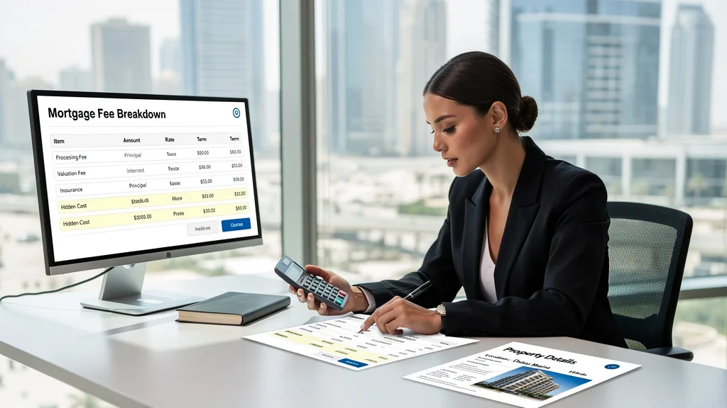 A person calculating mortgage arrangement fees for a new home in Dubai.