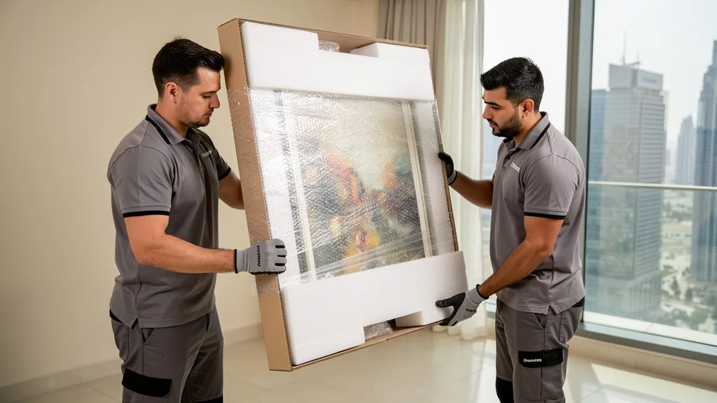 Two movers carefully packing a large piece of artwork into a specialty picture box.