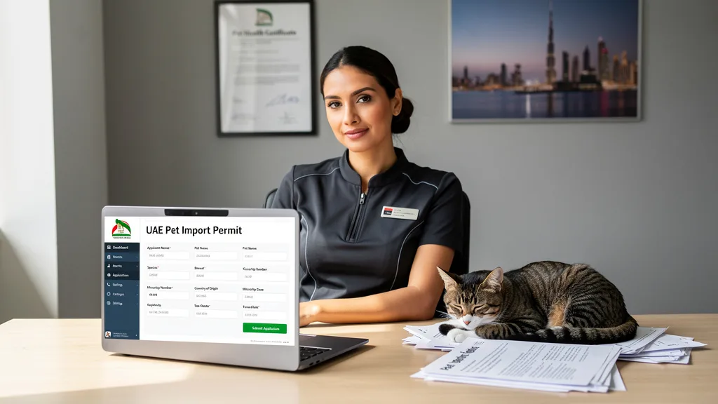 A person completing an online pet import permit for Dubai with a cat resting nearby.