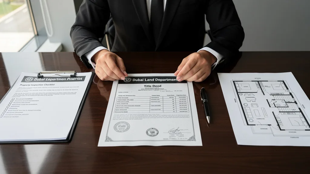 Click to manage / replace image Verifying a Dubai Land Department title deed document for a luxury property purchase.