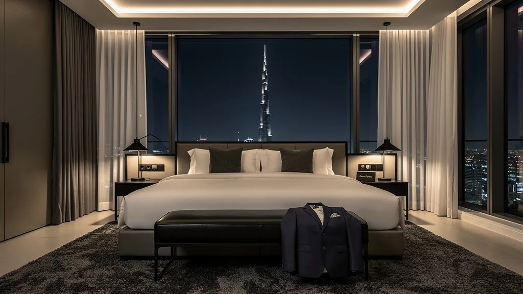 Luxury penthouse bedroom with a direct, framed view of the Burj Khalifa at night.