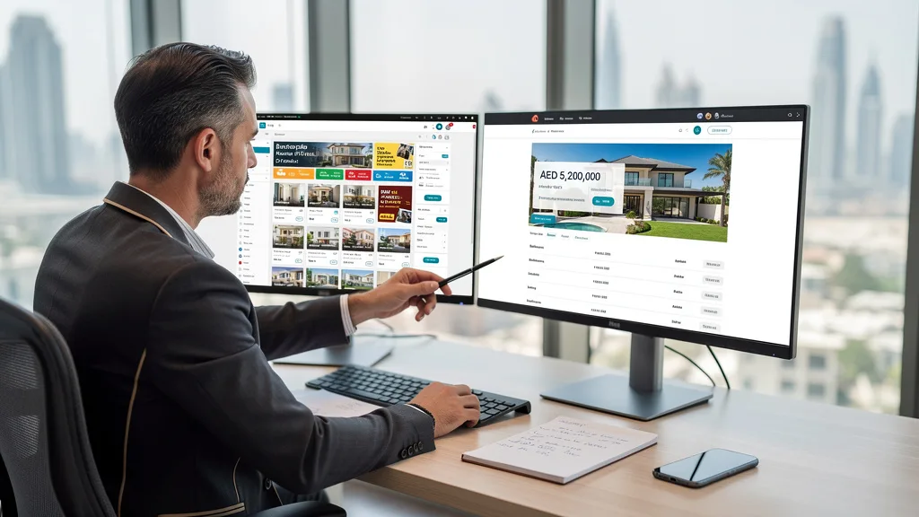 A comparison of a bad versus a good user experience on Dubai property websites displayed on two monitors.