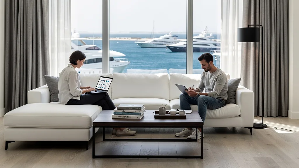A bright and airy living room in a Dubai Marina holiday home with waterfront views.