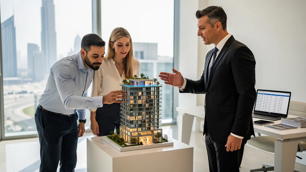 A real estate agent showing a model of a luxury tower to potential buyers.