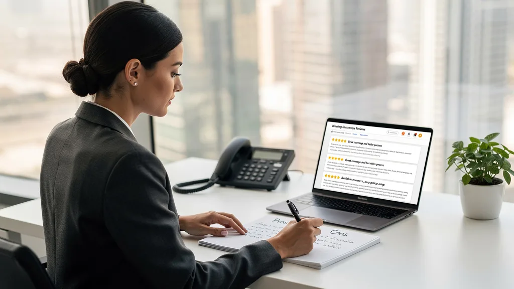 A client researching customer reviews for moving insurance providers online.