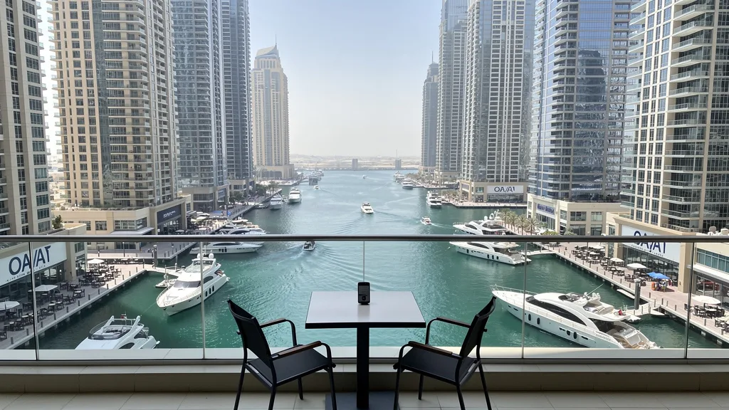 Daytime view of the bustling Dubai Marina canal from a penthouse balcony.