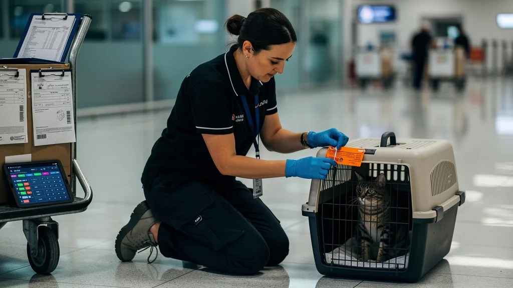 A person attaching a live animal travel tag to a pet carrier before a flight.