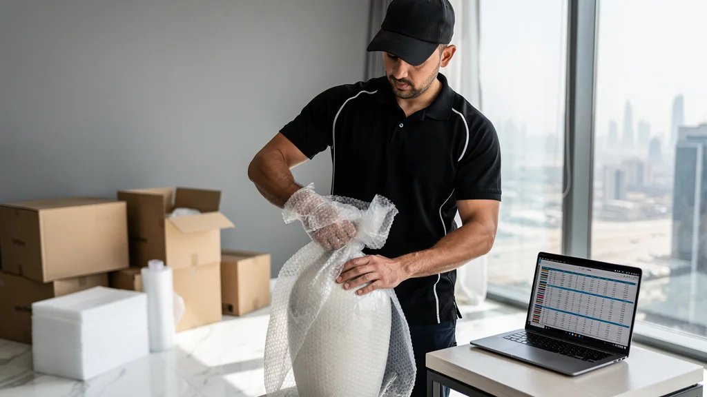 A professional mover carefully packing a fragile vase with bubble wrap.
