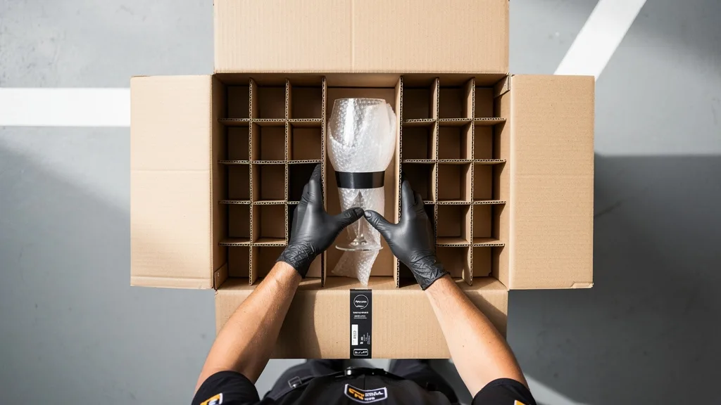 Placing individually wrapped wine glasses into a cell divider box for maximum protection.