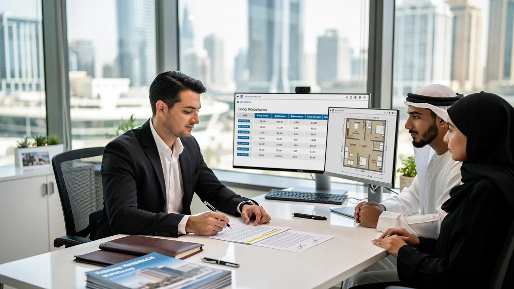 A real estate agent guiding a couple through their first apartment purchase in Dubai.